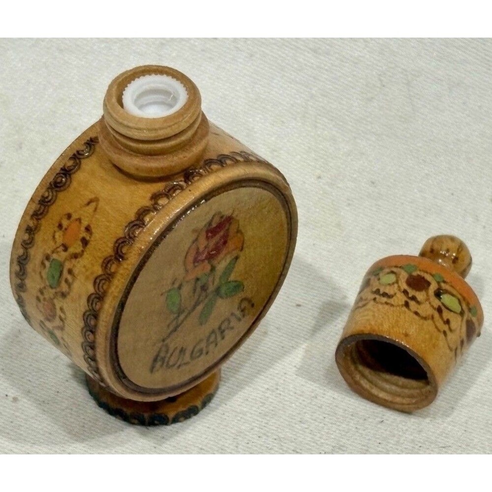 Vintage Bulgarian Rose Oil Perfume Wooden Bottle Holder Souvenir Full Glass Vial